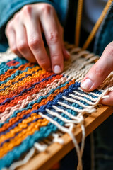 A close-up shot of hands weaving a colorful tapestry demonstrates the intricacy and texture of handcrafted crafts.