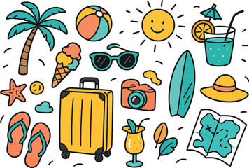 a playful, colorful EPS vector illustration set of summer vacation doodles.