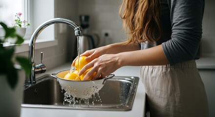 Digital Art of Washing Lemons in Kitchen Sink with Colander and Indoor Plant – Clean Living and Food Prep Concept