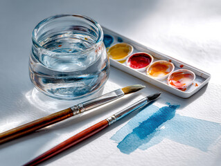 Art supplies in watercolor setup, consisting of a paintbrush, palette with three colors, extra brush, water jar, and assorted paintbrushes Arranged neatly on a light surface Blue stro - AI-Generated