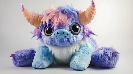 Whimsical Fantasy Creature Plush Toy with Iridescent Details and Playful Expression Perfect for Children's Imagination and Modern Nursery Decor. Generative Ai