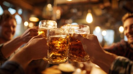 Glass beer mugs. Celebration in a rustic pub with four men toasting beer mugs