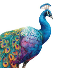 Obraz premium A vibrant peacock displaying its colorful plumage, showcasing an array of blues, greens, and purples on white background