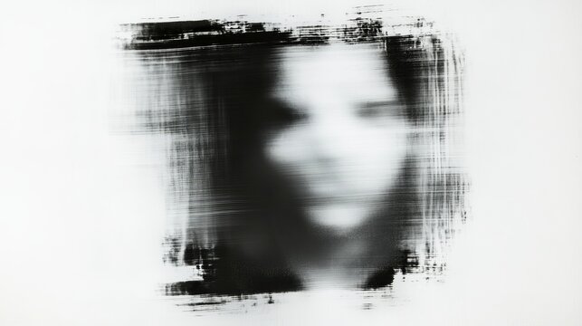 Blurry abstract image of a human face in black and white with soft focus and motion blur, creating a ghostly or mysterious effect. Artistic portrait style on white background. 
