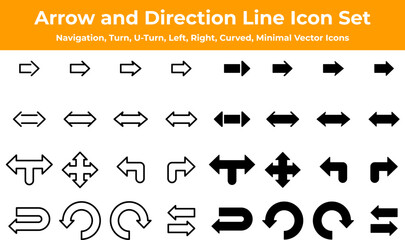 Arrow and Direction Line Icon Set. Navigation, Turn, U-Turn, Left, Right, Curved, Minimal Vector Icons