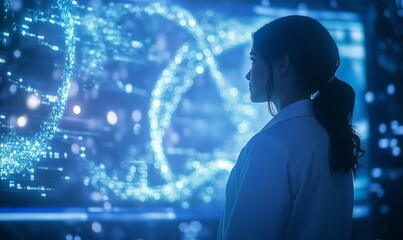A female scientist in a lab coat stands near digital screens displaying DNA structures and futuristic data visualizations, in a realistic photography style