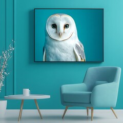 Wise Barn Owl Portrait with Astonished Expression Against Vibrant Turquoise Background Professional Wildlife Studio Photography. Generative Ai