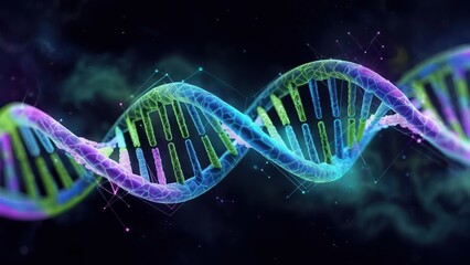 Abstract 3D rendering of a DNA double helix, vibrant colors