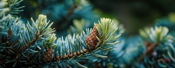 The lush evergreen branch showcasing vibrant green needles and pinecones.