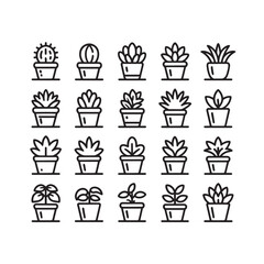 Vector art of a diverse collection of potted succulent and cactus plant icons in a minimalist line art style