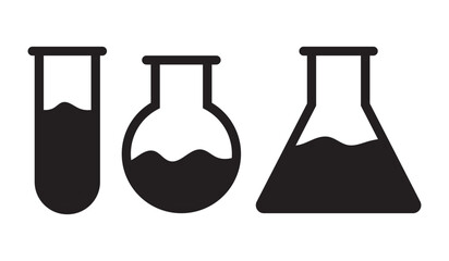 Bold black vector icons of science lab glassware including test tube, round-bottom flask, and conical flask filled with liquid. Ideal for education, lab signs, and scientific visuals.