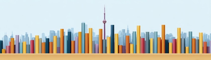 Obraz premium Colorful stylized city skyline illustration with various geometric skyscrapers, including a distinctive tower at the center against a light background.
