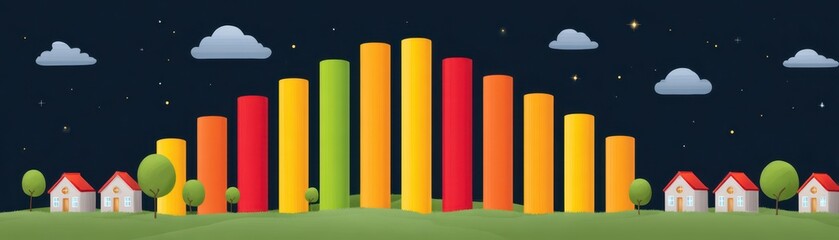 Obraz premium Colorful bar chart shaped like a city skyline with houses, trees, clouds, and stars in a nighttime setting.