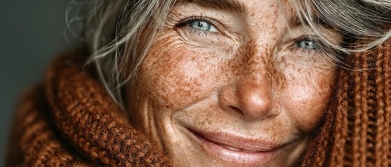 Joyful elderly woman with a radiant smile in close-up view