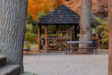 landscaped square park autumn aesthetic outdoor view of paved ground gazebo wooden architecture and...