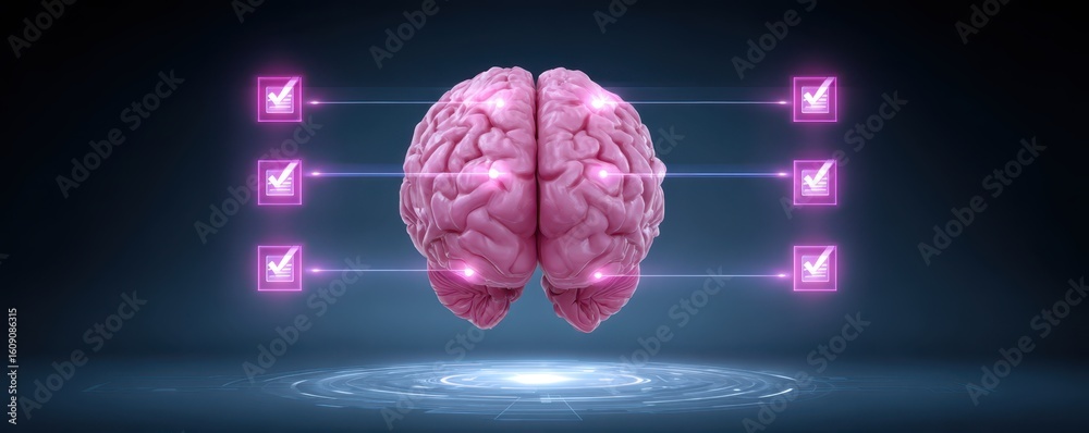 Poster a glowing digital brain with six highlighted checkboxes, symbolizing cognitive functions and mental 