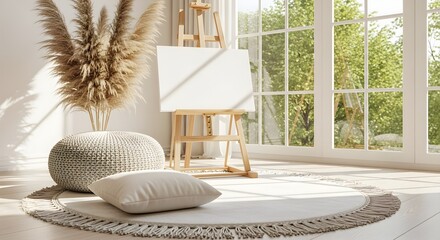 Bright room featuring easel, canvas, pampas grass, pouf, and round rug