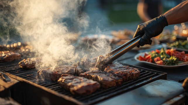 A person grilling steaks on an outdoor grill, using tongs to turn the meat over and having side dishes like salad or shawarma ready nearby on plates.