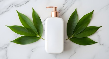 White lotion bottle with gold pump surrounded by green leaves on marble surface