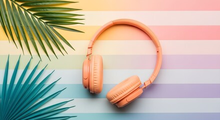 Overhead headphones with palm leaves on a pastel striped background flat lay
