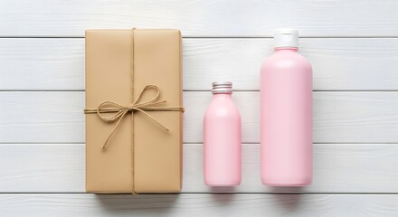 A gift wrapped in brown paper next to two pink bottles on a white surface