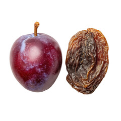 separate top view A fresh plum and a dried prune display contrasting textures and colors, highlighting their transformation