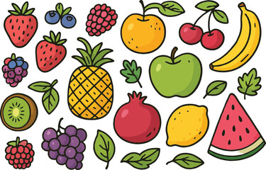Hand Drawn Colorful Fruits and Berries Vector Illustration Set