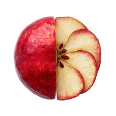 A vivid red apple is sliced in half, revealing its dry, inner core