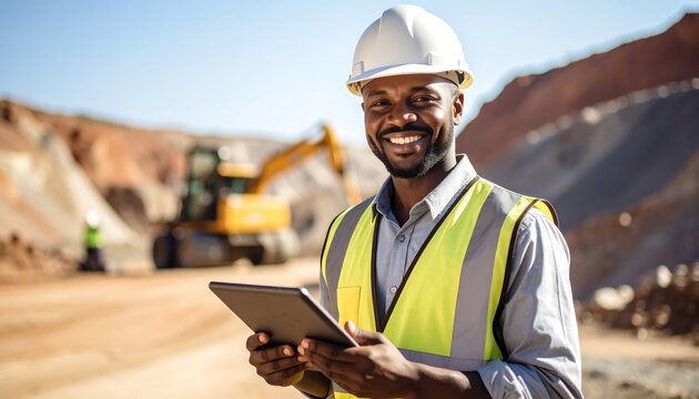 A smiling, dark-skinned engineer in a hard hat and safety vest, holding a tablet, stands amidst a quarry