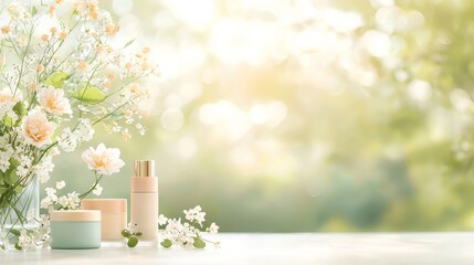 Natural skincare products displayed among fresh flowers outdoor setting aesthetic photography soft focus beauty concept