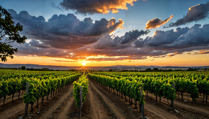 le coucher du soleil dans un vignoble