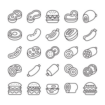 Naklejki Vector art of a collection of simple line art icons representing various meat products and fast food items