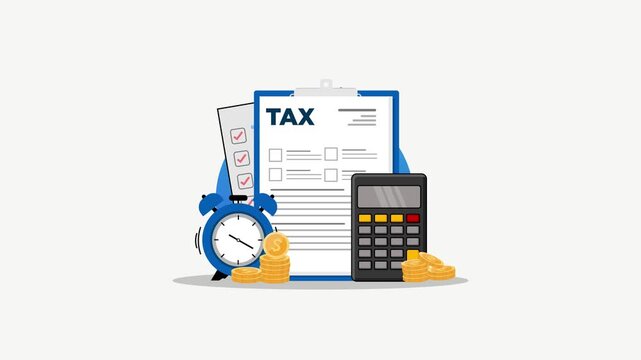 Motion Animation 4k of Tax Form on Clipboard Illustration. Tax Checklist with Calculator, Coins, and Alarm Clock. Financial Planning and Tax Preparation