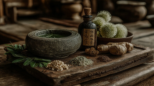 Traditional herbal ingredients and healing green elixir on wooden table
