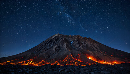 Le volcan en éruption sous un ciel étoilé
