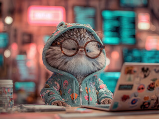 Kitten in glasses, hoodie, typing on stickered laptop Floating cartoon code, glowing screens, futuristic desk setup, neon-lit 3D office Gray squirrel in pink hoodie, perched on laptop - AI-Generated