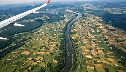 Vue aérienne d'un paysage rural depuis un avion
