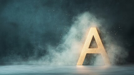 Dynamic wooden letter a surrounded by smoke studio setting creative design calm atmosphere artistic viewpoint