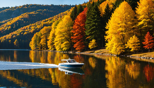 Le bateau à moteur traverse un lac paisible entouré d'une forêt en automne.