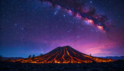 paysage nocturne volcanique sous un ciel étoilé