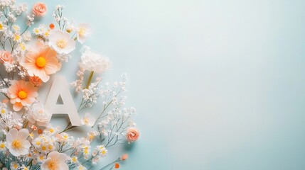 Floral arrangement with letter a studio photography soft background close-up creative design