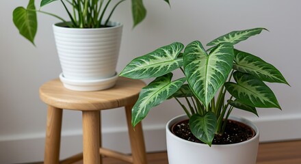 Minimalist Indoor Plant Scene with Patterned Leaves and White Pots – Home Decor and Botanical Styling