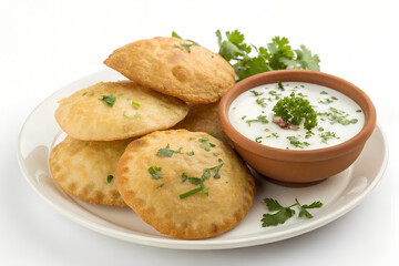 Fototapeta premium Delicious Indian Kachori with Yogurt Dip on White Plate 