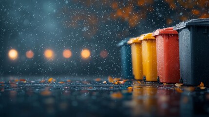 Rainy day waste management urban street photography rainy environment close-up view environmental awareness