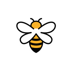 A stylized cartoon bee with black stripes antennae and wings on a white background