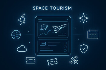 Modern Space Tourism App Interface: Futuristic Line Art, Dark Blue, Booking & Travel Concept