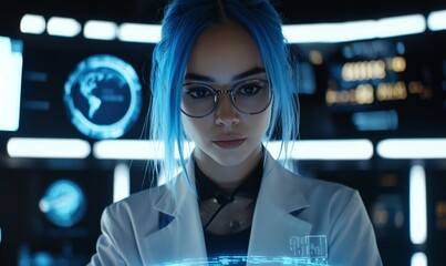 A woman in a lab coat, glasses, and blue hair stands inside a dark room with a modern office interior design, using a hologram screen to present data analytics on a virtual interface