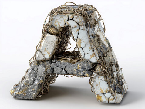 3D sculpture of broken glass, wire, concrete, marble, quartz, and metallic elements forming a letter A, symbolizing anxiety and tension Detailed craftsmanship, industrial aesthetic, - AI-Generated