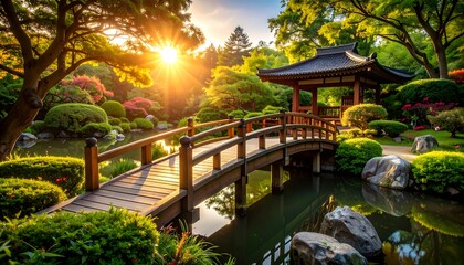 Serene Japanese garden at sunrise