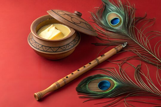 Krishna Janmashtami Still Life with Butter Pot, Flute, and Peacock Feathers on Red Background
